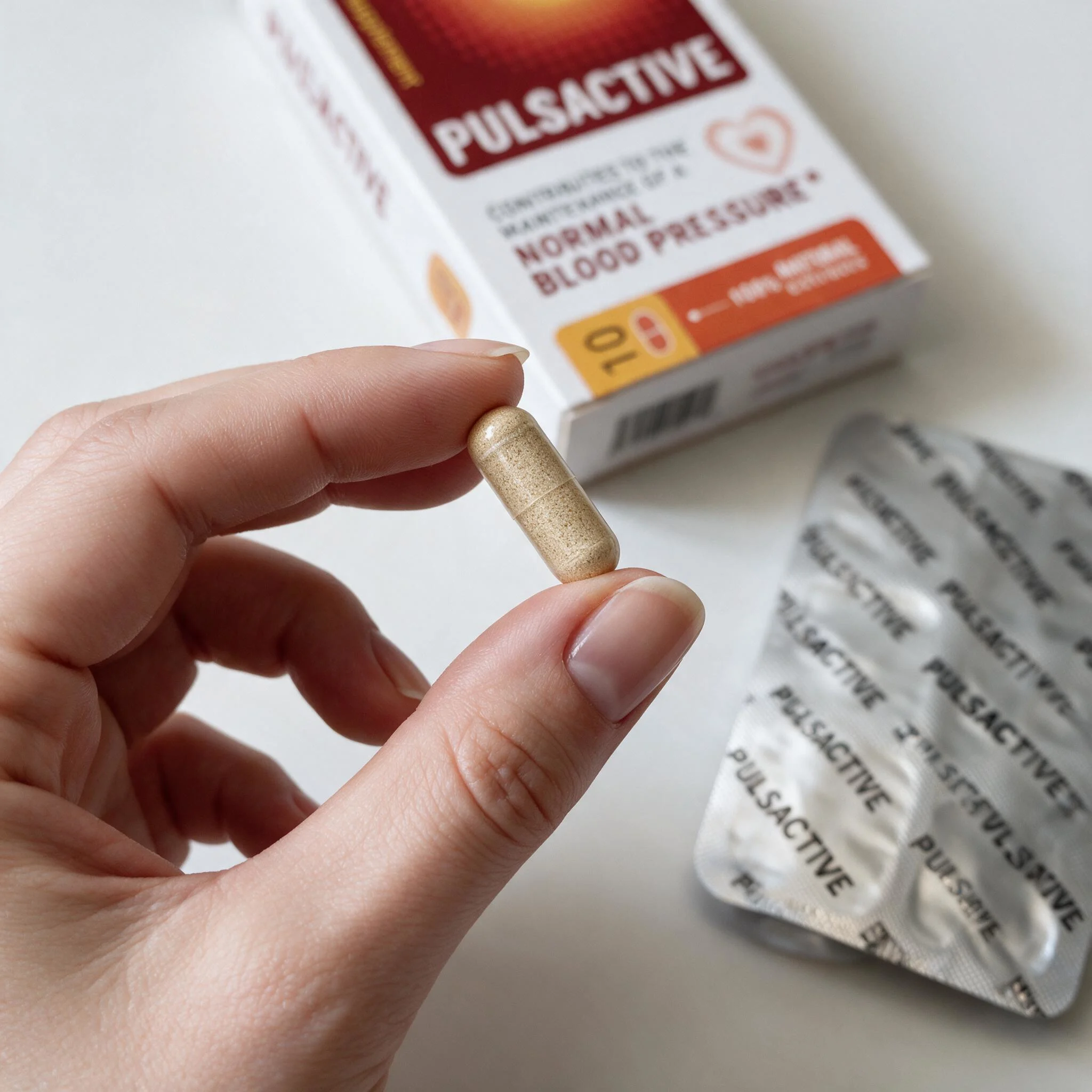 Cápsula de Pulsactive com pó botânico castanho e dosagem padronizada